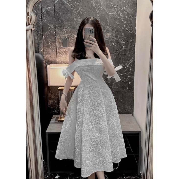 Mẫu Mới Đầm XÒe Nữ Gấm Xốp HOa nHí Có Mút Ngực Bẹt Vai Lả Lơi Dự Tiệc Siêu HOt Pu