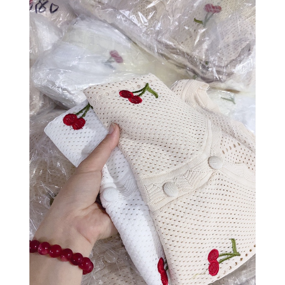 ÁO LEN NỮ TAY NGẮN LƯỢN SÓNG THÊU QUẢ CHERRY CỰC NỮ TÍNH - CHẤT VẢI MÁT MẺ