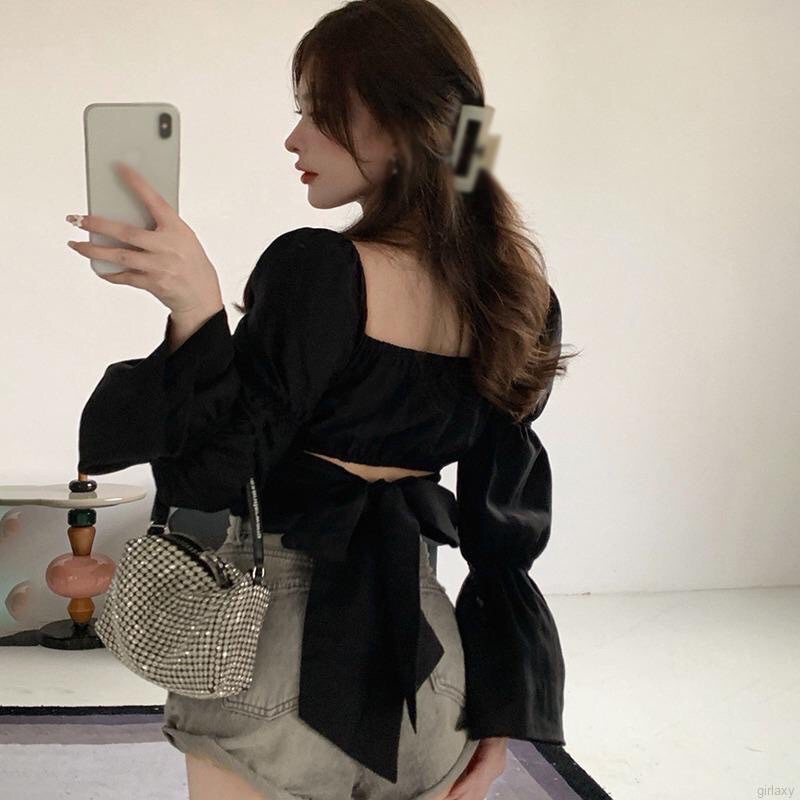 Áo Croptop Cổ Vuông Nhún Tay Nơ Lưng hot lắm ạ 🍃🍃🍃🍃🍃s/k97888