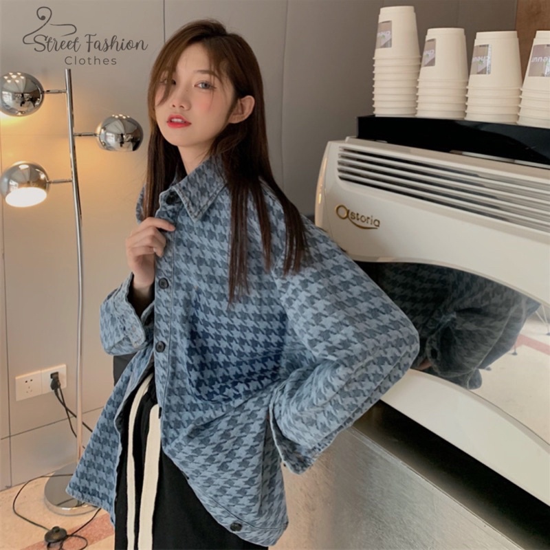 Áo khoác sơmi nữ dài tay form rộng hoạ tiết thời trang