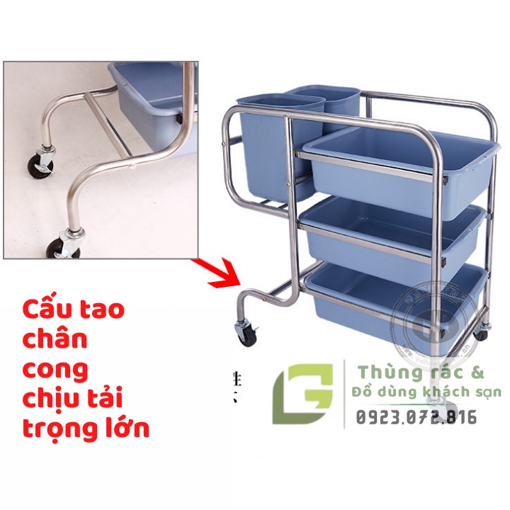 Xe dọn dẹp nhà hàng inox chân thẳng / chân uốn cong - trọn bộ khay đựng xám