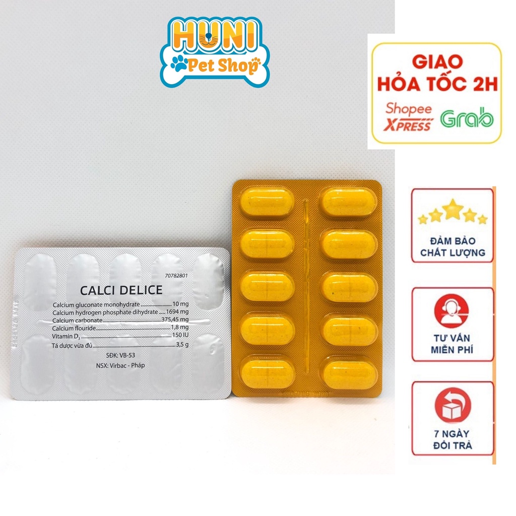 Viên Canxi cho chó mèo Pháp Virbac viên Calci Delice cho chó con, chó thiếu hụt dinh dưỡng vỉ 10 viên- Huni Petshop