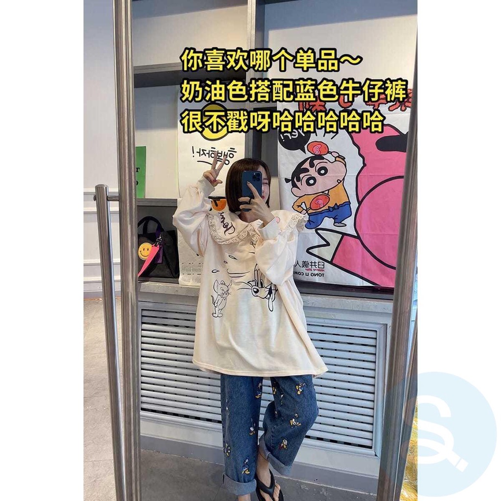 Áo Sơ Mi Cổ Búp Bê Dáng Rộng In Hình Chuột Mickey Hoạt Hình Kiểu Châu Âu Thời Trang Xuân Thu Cỡ Lớn 2-300