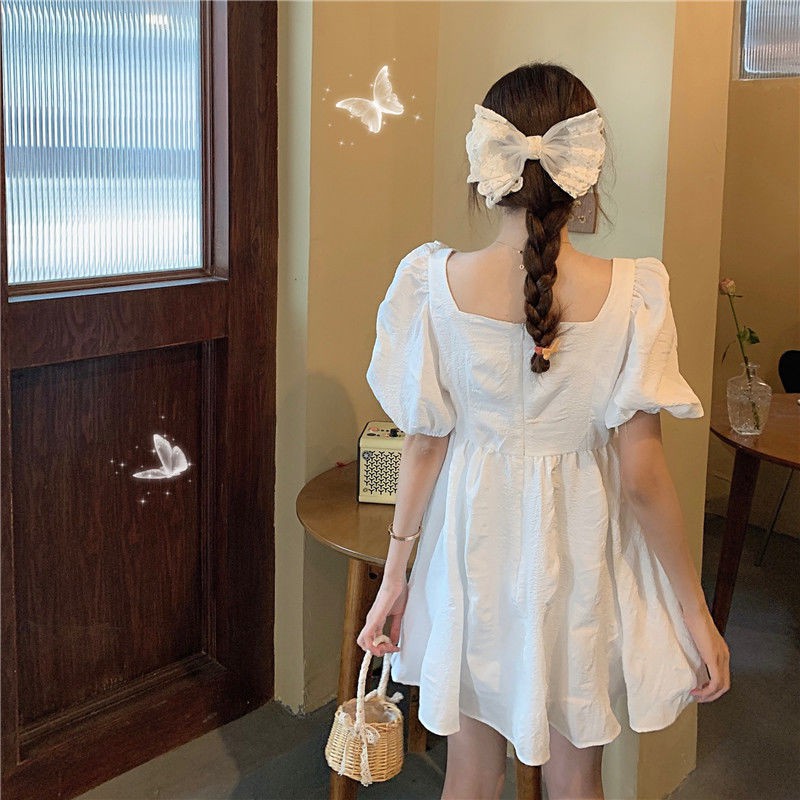 Đầm tay bồng cổ vuông chiết eo màu trắng thời trang trẻ trung xinh xắn | BigBuy360 - bigbuy360.vn