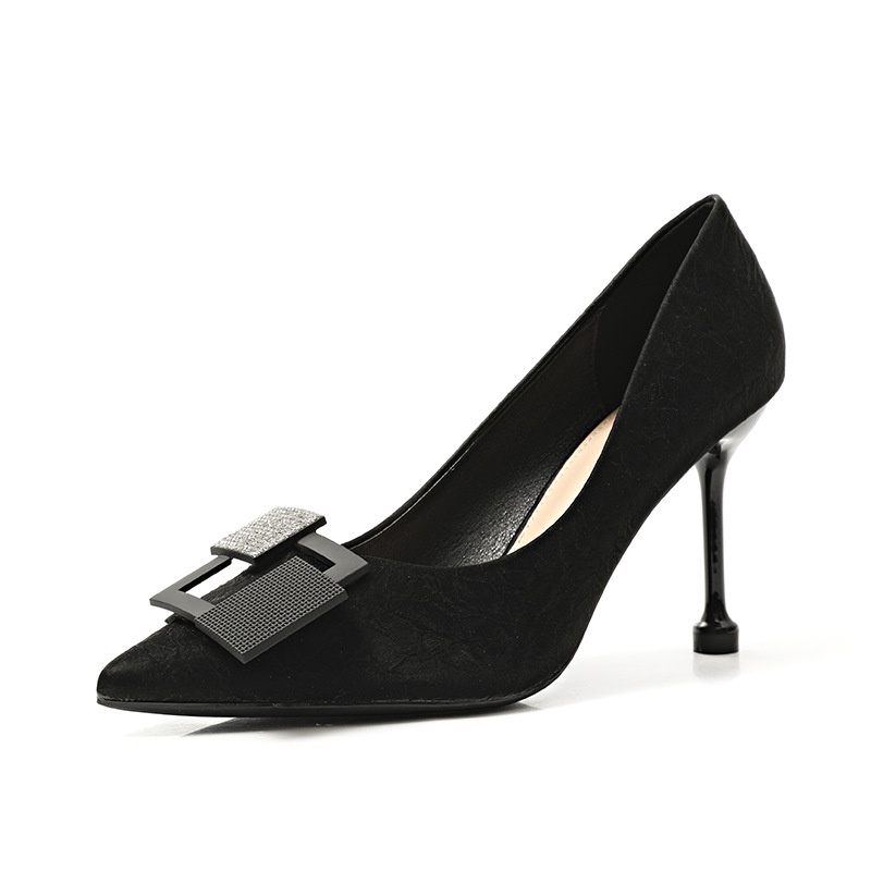 Giày Cao Gót Mũi Nhọn Phối Khóa Vuông Đính Đá Phong Cách Pháp Quyến Rũ Mẫu Mới 2021 Dành Cho Nữ