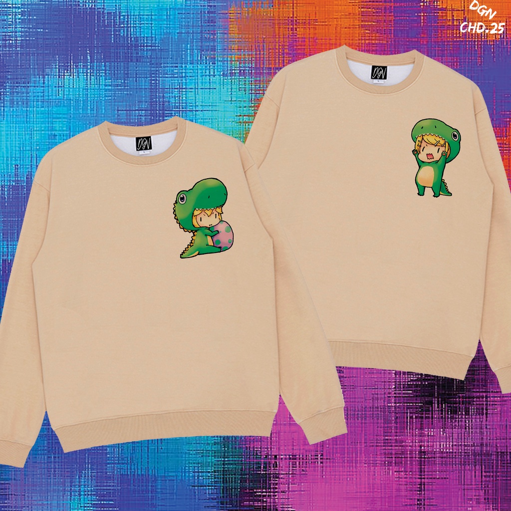 SWEATER MÀU KEM, STICKER KHỦNG LONG DỄ THƯƠNG CHD.25