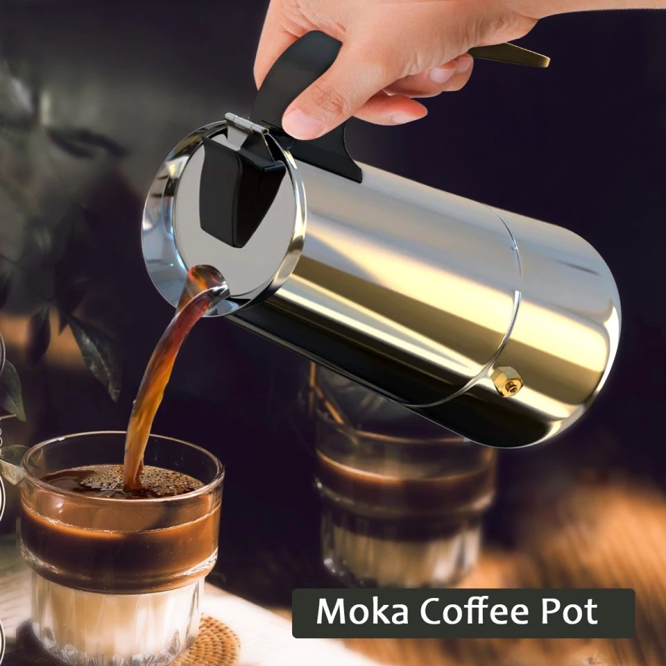 Bình pha cà phê Moka,Ấm pha cà phê bằng thép không rỉ 4, 9 cốc