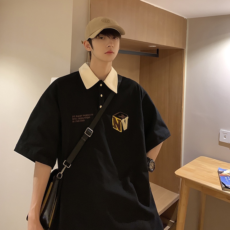 Áo Sơ Mi POLO Tay Ngắn Dáng Rộng In Chữ Thời Trang Hàn Quốc Cho Nam Size M-2XL