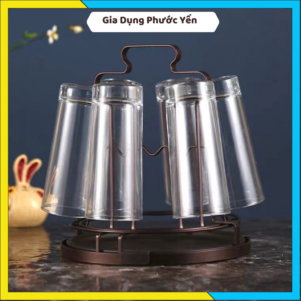 Giá úp 6 cốc sơn tĩnh điện có khay hứng nước tròn sang trọng [Gia Dụng Phước Yến]