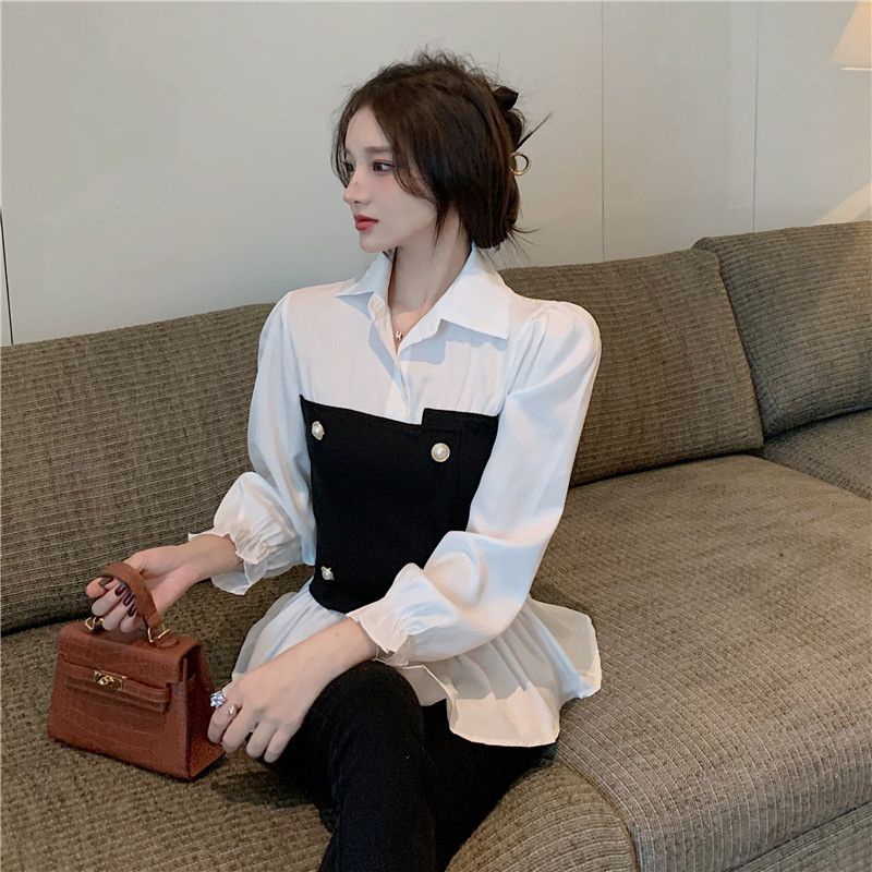 Áo Sơ Mi Kiểu Mix Niche Pháp Tay Xòe Cách Điệu Xuân Hạ Thu Đông