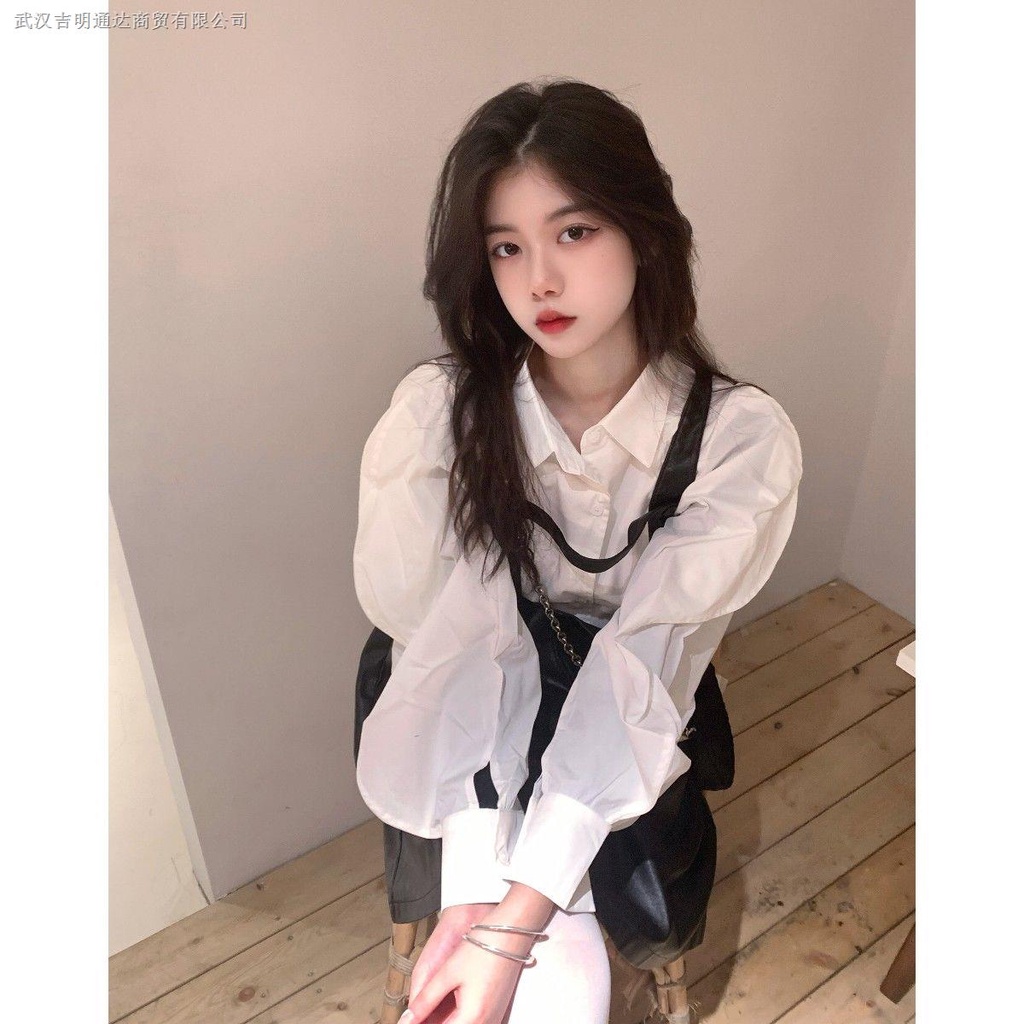 Set áo sơ mi tay phồng màu trắng kèm đầm hai dây thiết kế mới thời trang mùa xuân cho nữ (có bán lẻ)