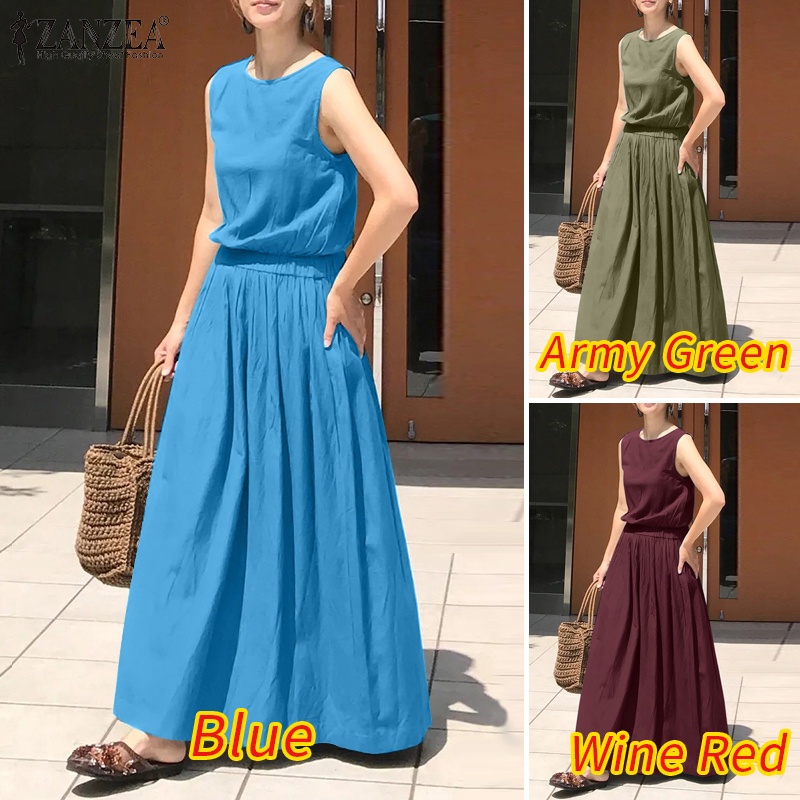 Đầm ZANZEA sát nách cổ tròn eo đàn hồi màu trơn phong cách Châu Âu đơn giản dành cho nữ