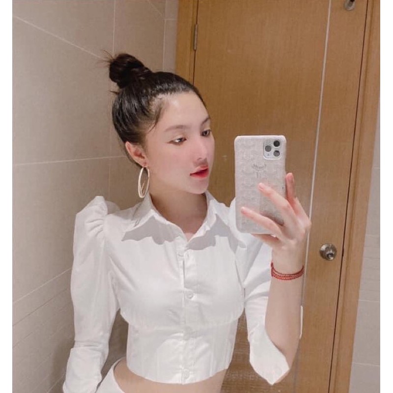 Áo sơmi croptop vai phồng tay dài - Sơ mi kiểu nữ màu trắng - Áo lụa đi chơi dự tiệc sang trọng 2221