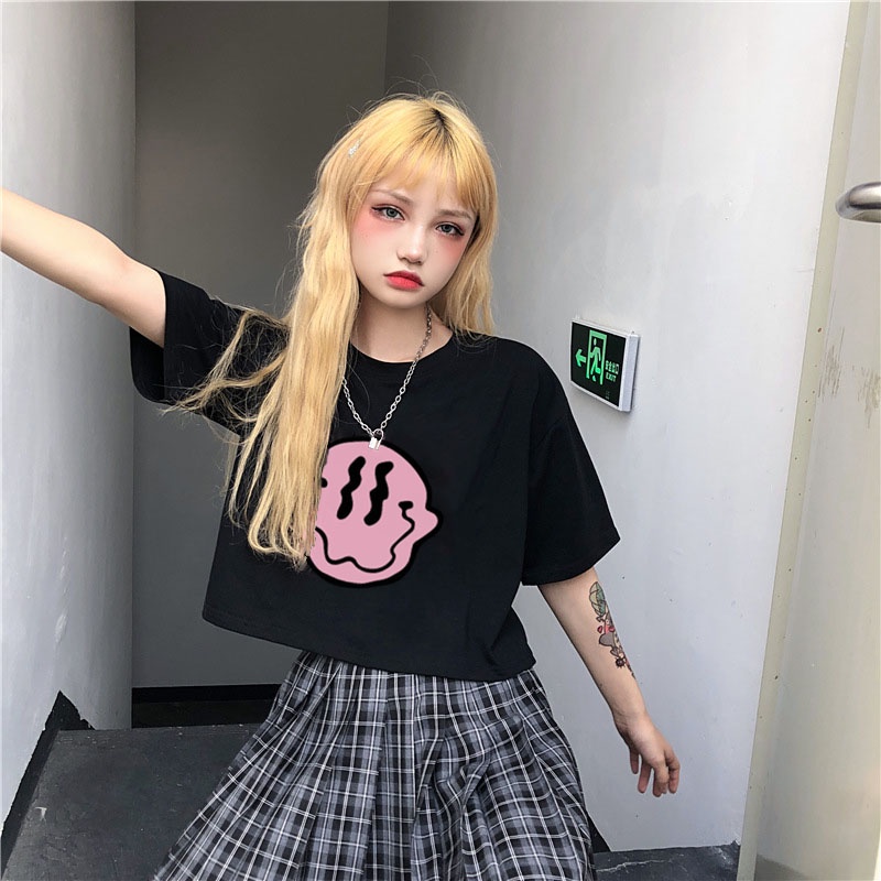 Áo Thun Crotop Form Rộng Unisex Tay Ngắn Chất Cotton Mềm Mại In Hình Mặt Cười Đáng Yêu Ulzzang Style Hàn Quốc TTT0187