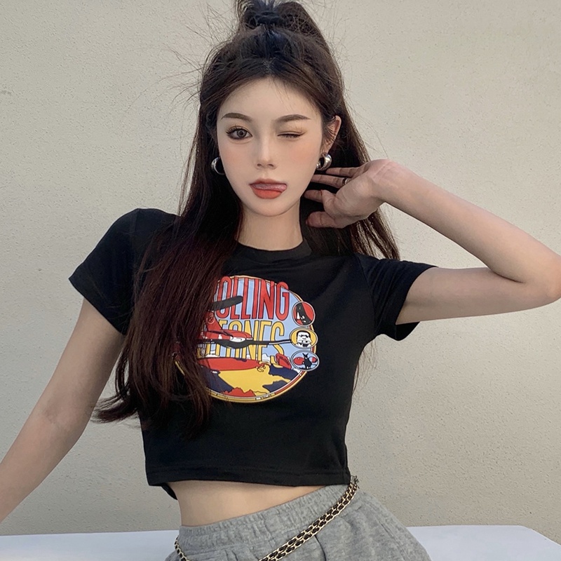 Áo Thun Cotton Ngắn Tay Lưng Cao In Họa Tiết Thời Trang Mùa Hè Cho Nữ