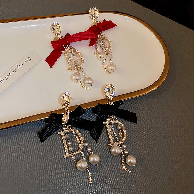 Đôi Bông Tai Dáng Dài Phối Nơ Và Ngọc Trai Thời Trang Xinh Xắn Cho Nữ