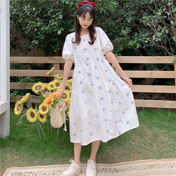 Đầm Suông Tay Phồng Họa Tiết Hoa Cúc Trẻ Trung Thanh Lịch Dành Cho Nữ đầm bầu váy nữ váy bé gái váy dài chân váy dài váy nữ chân váy dài