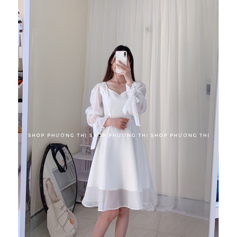 Váy trắng công chúa dài tay thắt nơ siêu xinh (hình shop tự chụp không copyy)