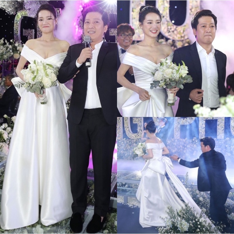 MS1157Y ĐẦM CƯỚI  BẸT VAI XẾP LY KÈM NƠ LƯNG ĐUÔI THƯỚT THA full size S/M/L/XL