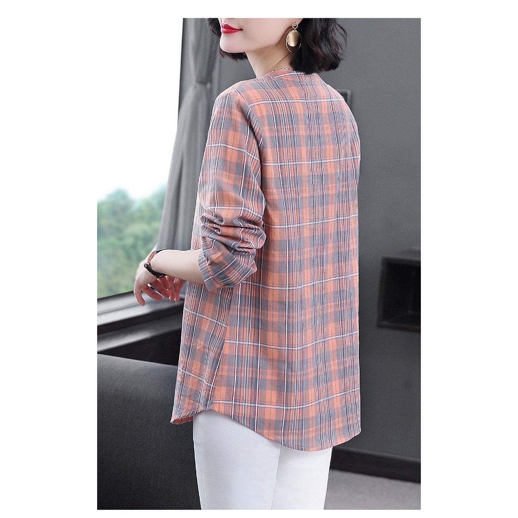 Áo sơ mi caro tay dài kích thước rộng phong cách phương tây dành cho nữ