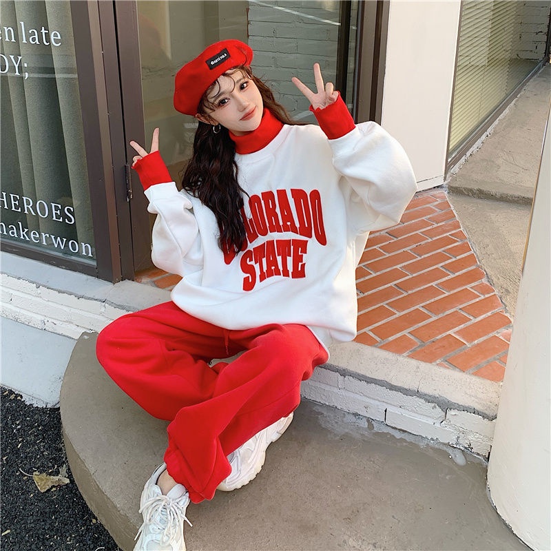 Set đồ thể thao gồm áo sweater + quần dài phong cách đường phố thời trang thu đông 2024 cho nữ