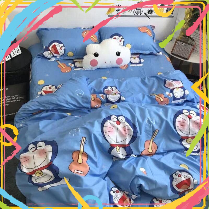 Trọn Bộ Drap Giường Chần Bông DOREMON Xanh Cotton M6*2M-M8*2M((1 Chăn Phao, 1 Ga, 2 Vỏ Gối Đầu, 1 Vỏ Gối Ôm)