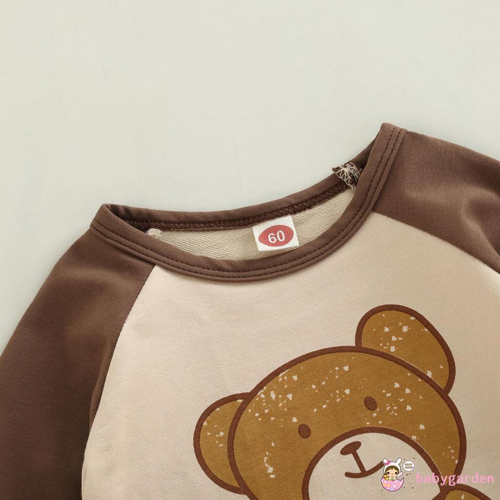 Áo Liền Quần Tay Dài Cổ Tròn In Hình Gấu Hoạt Hình Dành Cho Bé 0-18 Tháng Tuổi