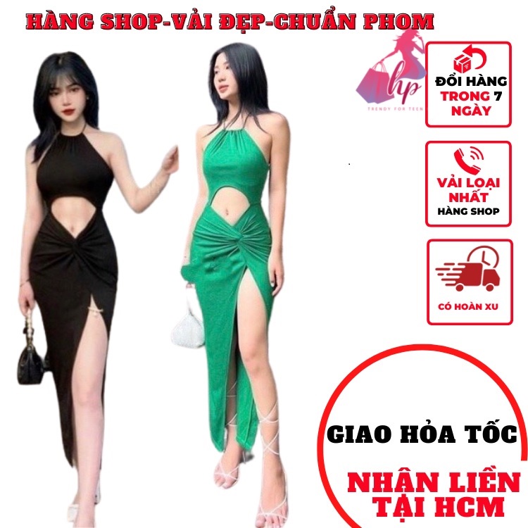 váy đầm ôm body nữ choàng cổ thun gân không mút khoét bụng xẻ tà đùi siêu cá tính thích hợp đi dự tiệc- VD235
