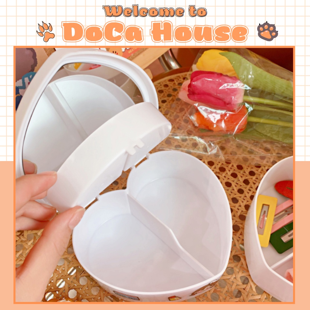 Hộp đựng đồ DOCA nhiều ngăn, hộp trái tim đựng nữ trang kẹp tóc 2 tầng có gương soi dễ thương (tặng sticker)