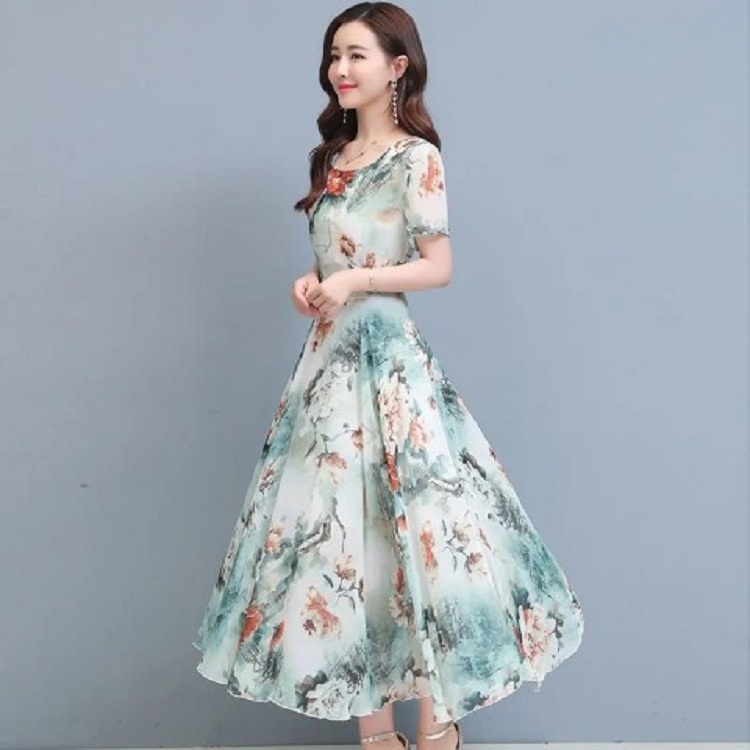 Đầm Tay Ngắn Họa Tiết Hoa Thời Trang Hàn Quốc Cho Nữ