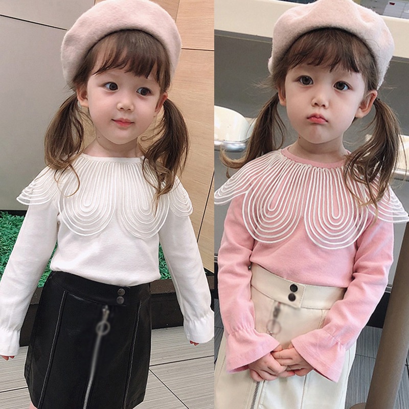 Áo thun cotton màu trơn cổ đính hoa lớn thời trang dành cho bé gái