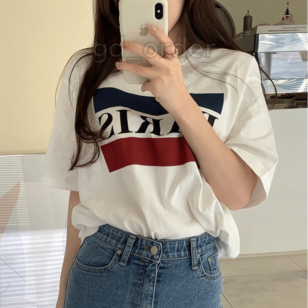 A25|Áo thun nữ kiểu tay lỡ form rộng hàn quốc chất cotton in chữ paris đơn giản màu trắng gd_order