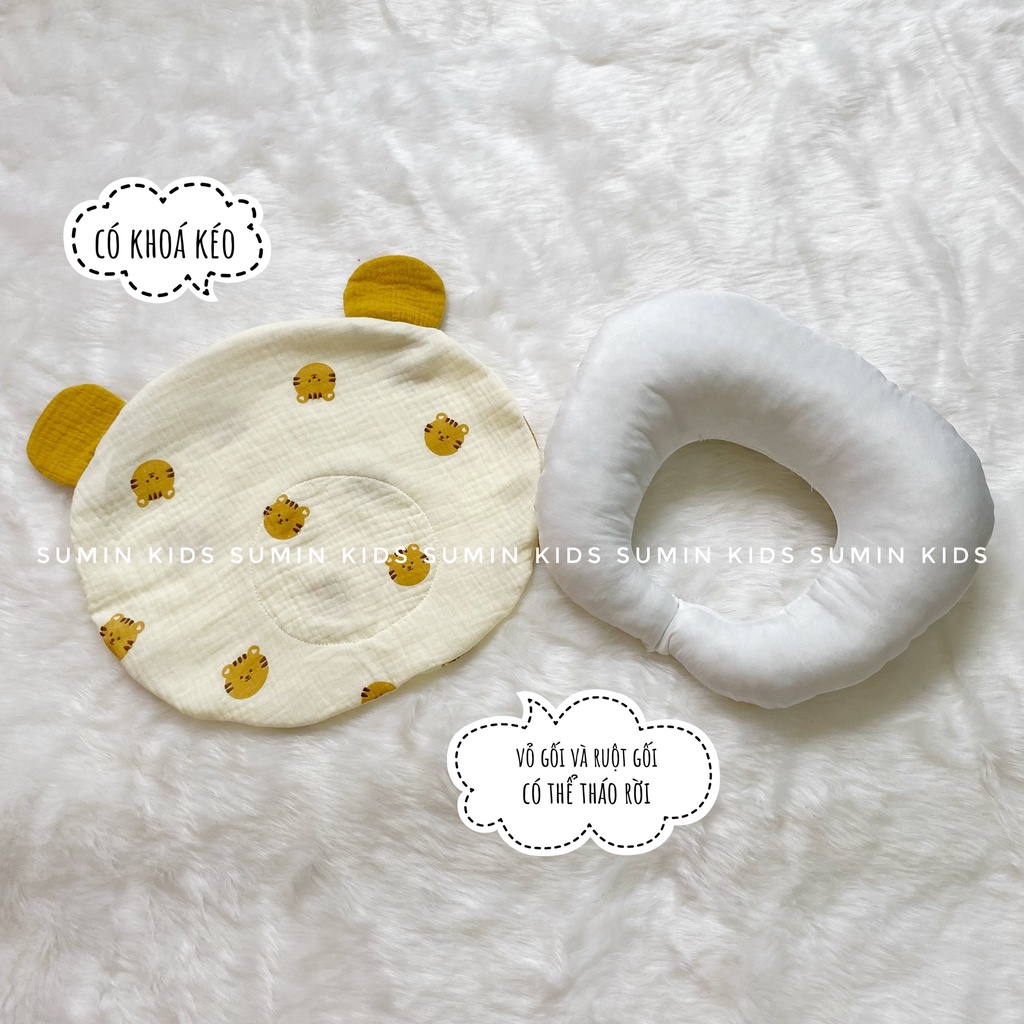 Gối cho bé sơ sinh, gối chống bẹp đầu, gối chống méo đầu cho bé vải xô muslin cao cấp SUMIN