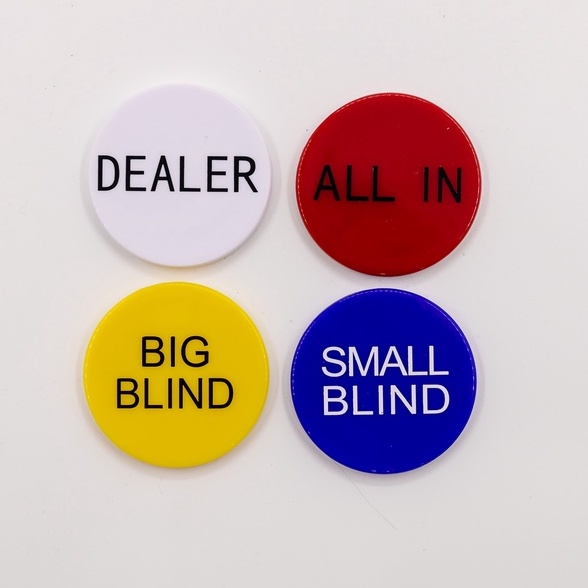 Combo 4 nút nhựa Dealer Poker button trắng, Small Blind xanh biển, Big Blind vàng, All in đỏ - 1996V Poker Shop