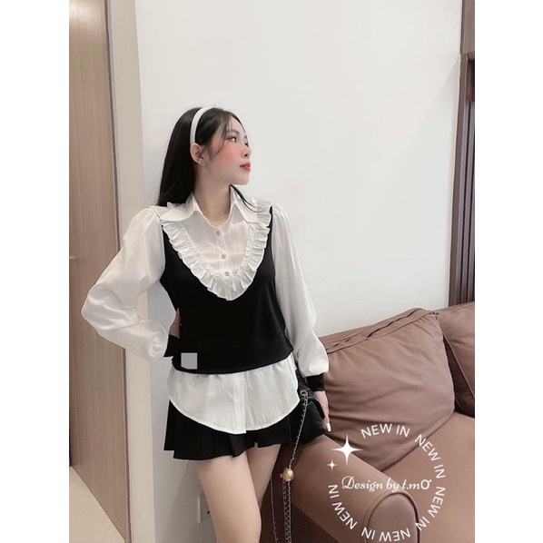 Set áo gile len tăm phối bèo mix quần sooc đùi giả váy