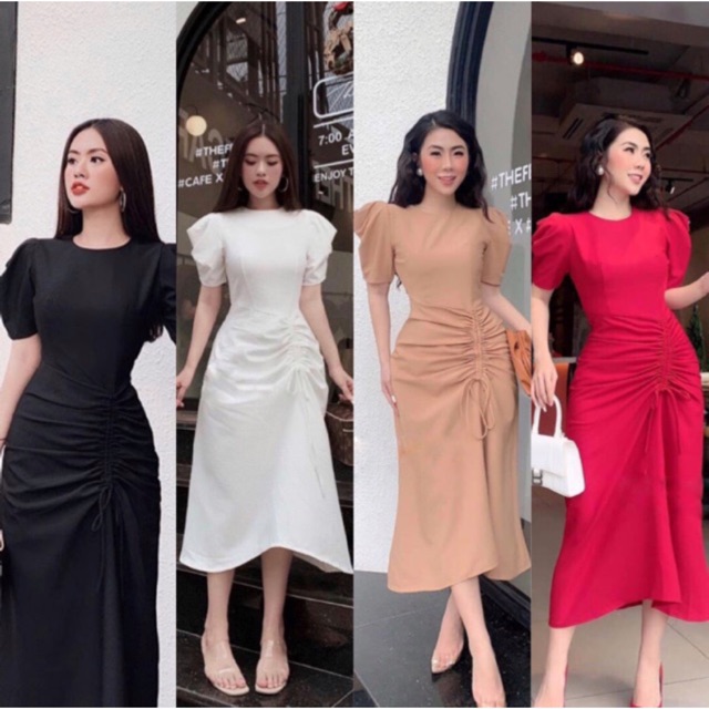 Đầm rút thân tay phồng cổ tròn