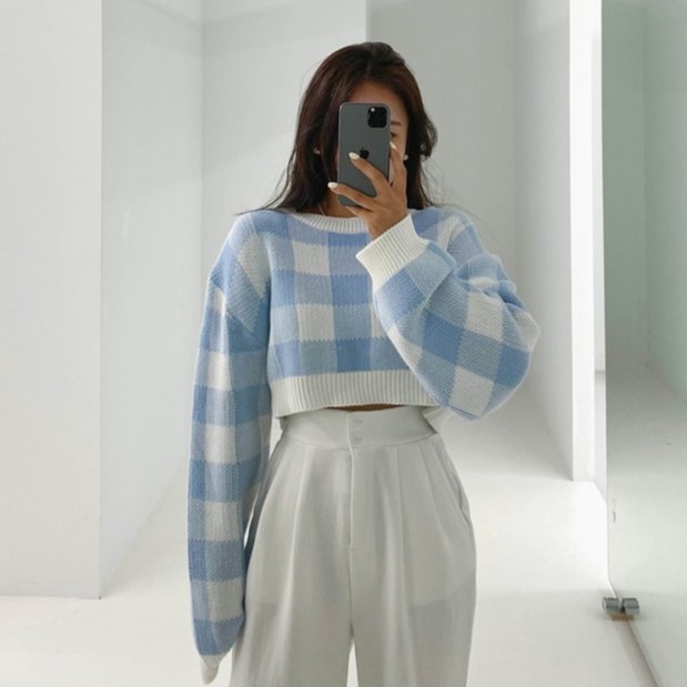 QADCOL Áo sweater croptop tay dài họa tiết caro xinh xắn thời trang cho nữ