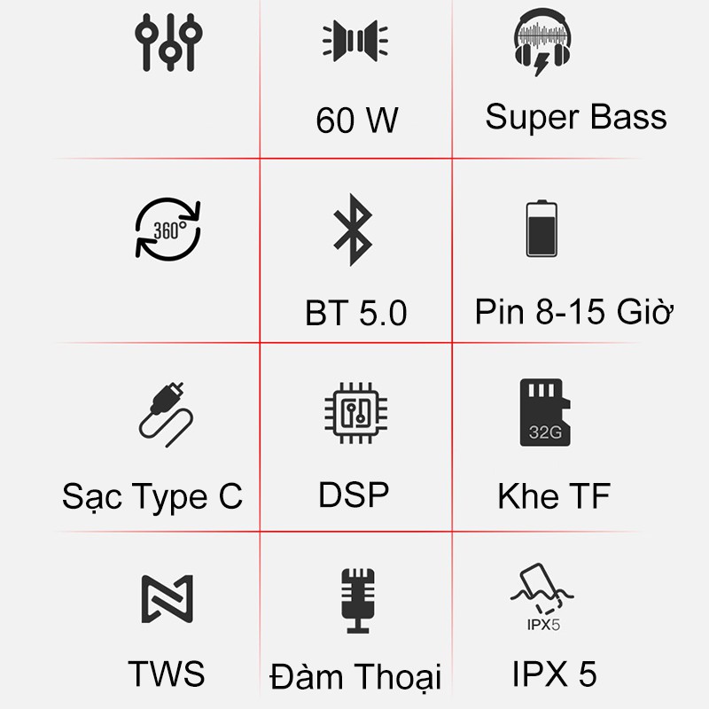 Loa Bluetooth PKCB 60W công suất lớn Super Bass chống nước IPX5 pin 6600MAHHàng Chính Hãng