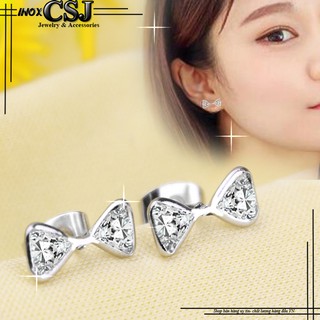 Bông tai nữ inox 100% hình chiếc nơ xinh xắn có xoàn cao cấp giá tốt
