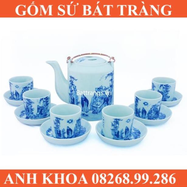 Ấm tích vẽ trú lâm thất hiền cỡ lớn quai đồng - Gốm sứ Bát Tràng Anh Khoa