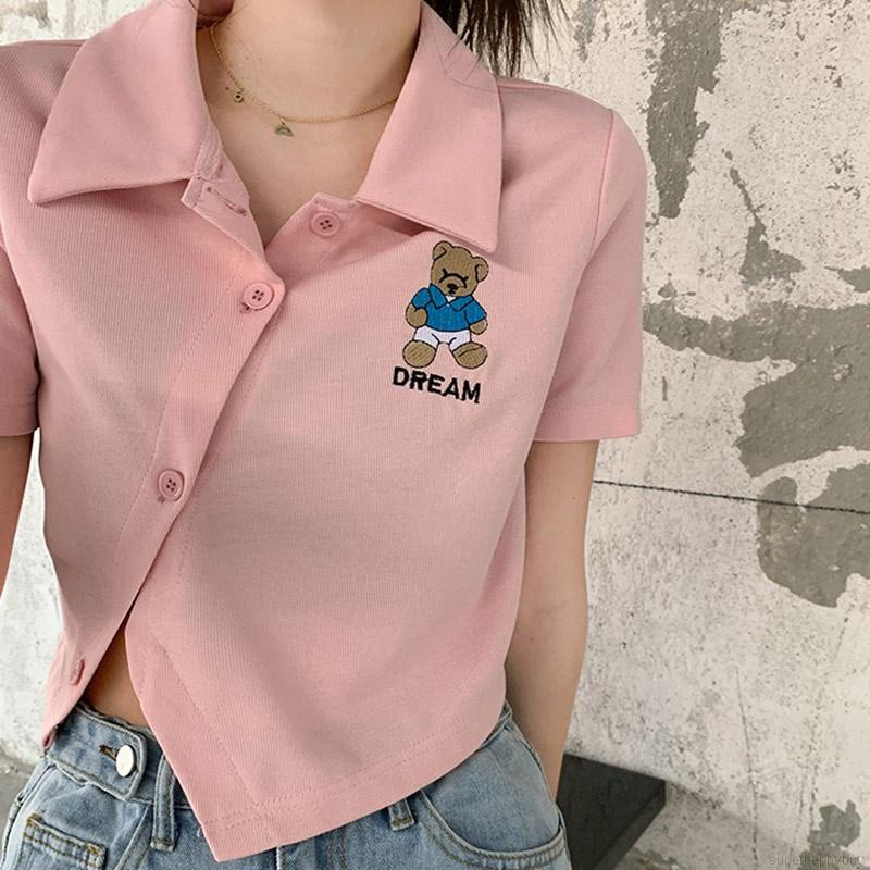 Áo Sơ Mi Tay Ngắn Cổ Polo In Hình Gấu Hoạt Hình Phong Cách Hàn Quốc Cho Nữ