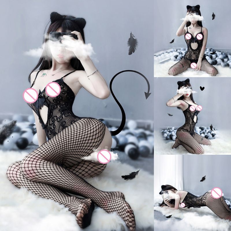 Bộ đồ lót lưới liền thân phối ren thắt nơ gợi cảm dành cho nữ