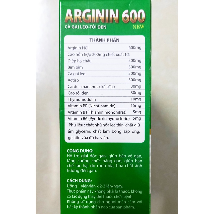 Viên uống bổ gan, mát gan Arginin 600mg cà gai leo- tỏi đen hộp 60 viên. Giúp hỗ trợ giải độc gan