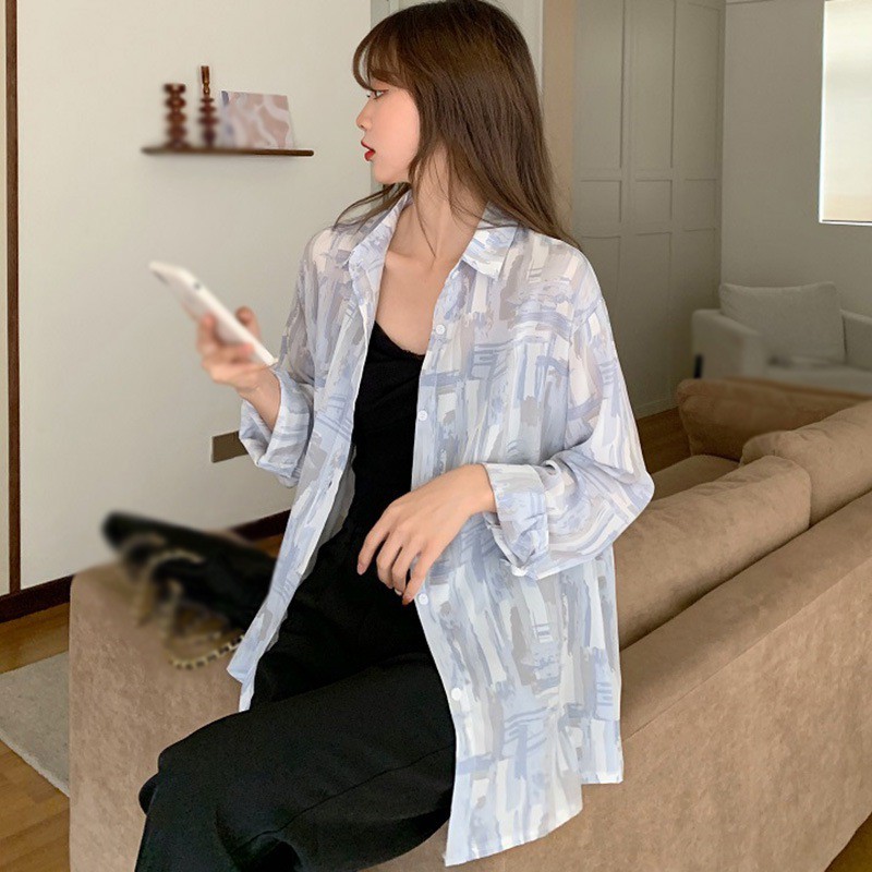 Áo sơ mi voan tay dài in họa tiết sơn dầu thời trang cho nữ