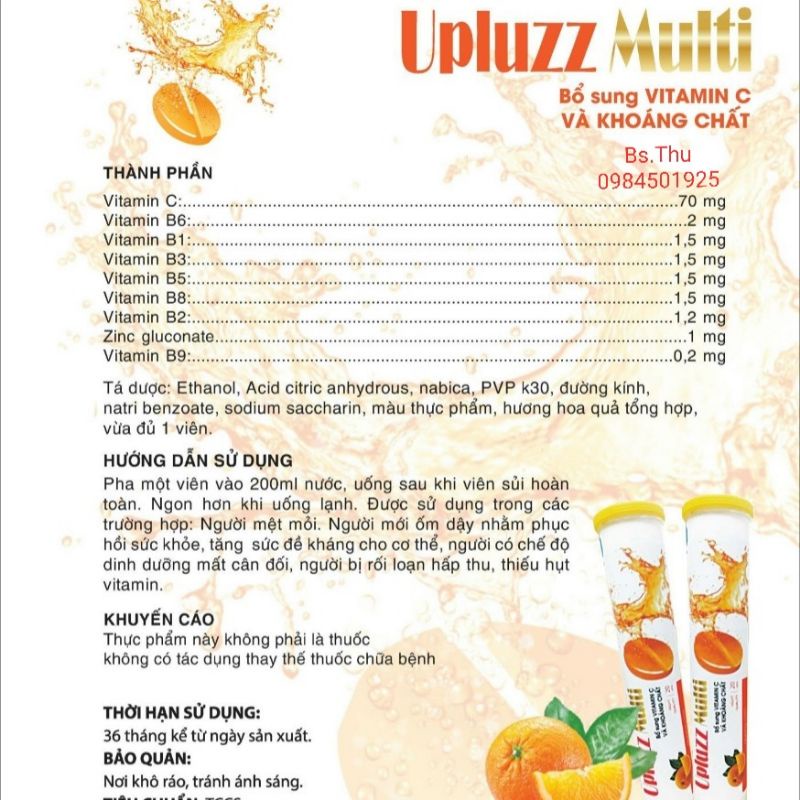 UPLUZZ MULTI tube 20 viên C sủi hương cam bổ sung Vitamin và khoáng chất siêu ngon
