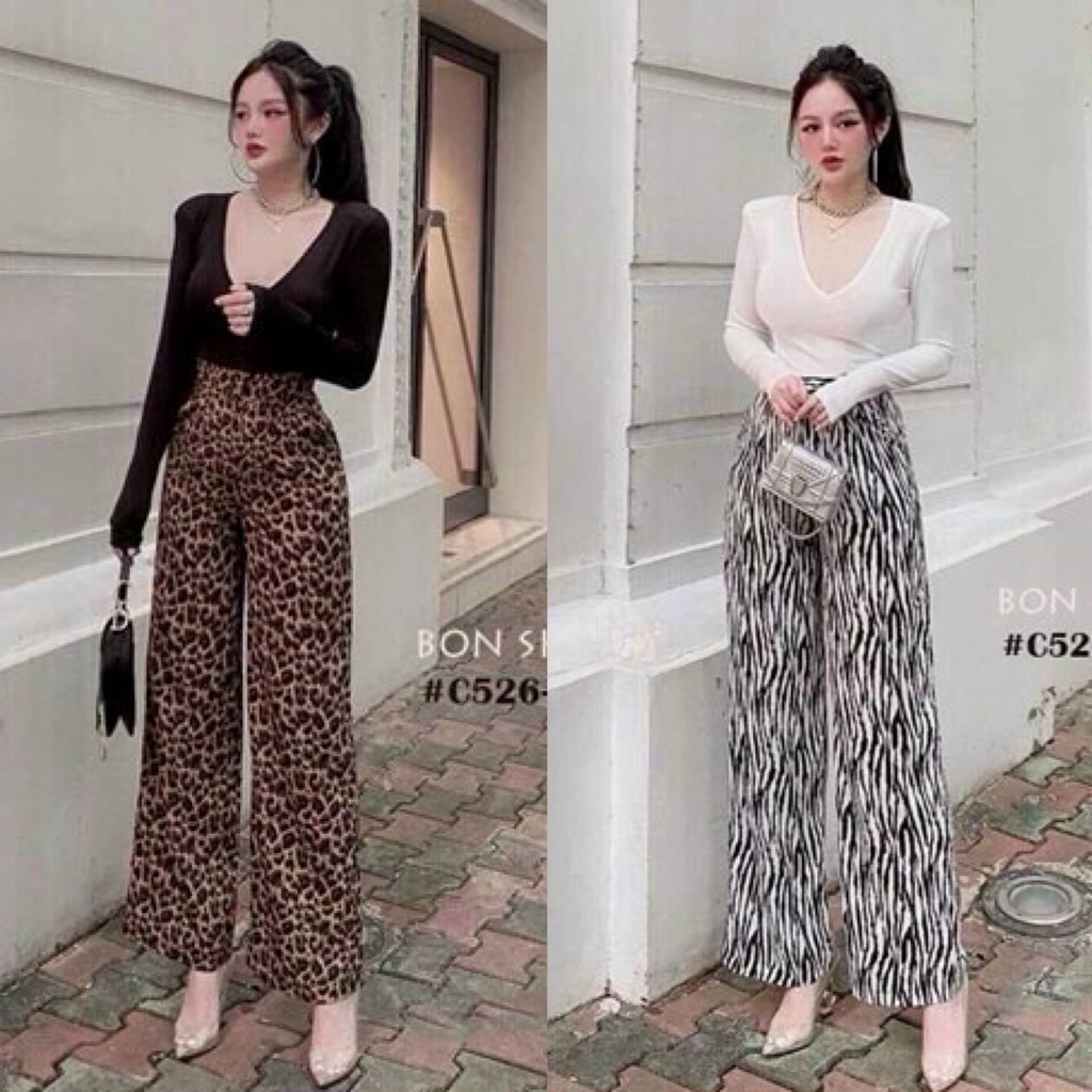 Set bộ đồ nữ áo thun ôm mix quần ống đứng họa tiết da beo, ngựa vằn lạ mắt, xinh xắn dành cho các nàng đi chơi