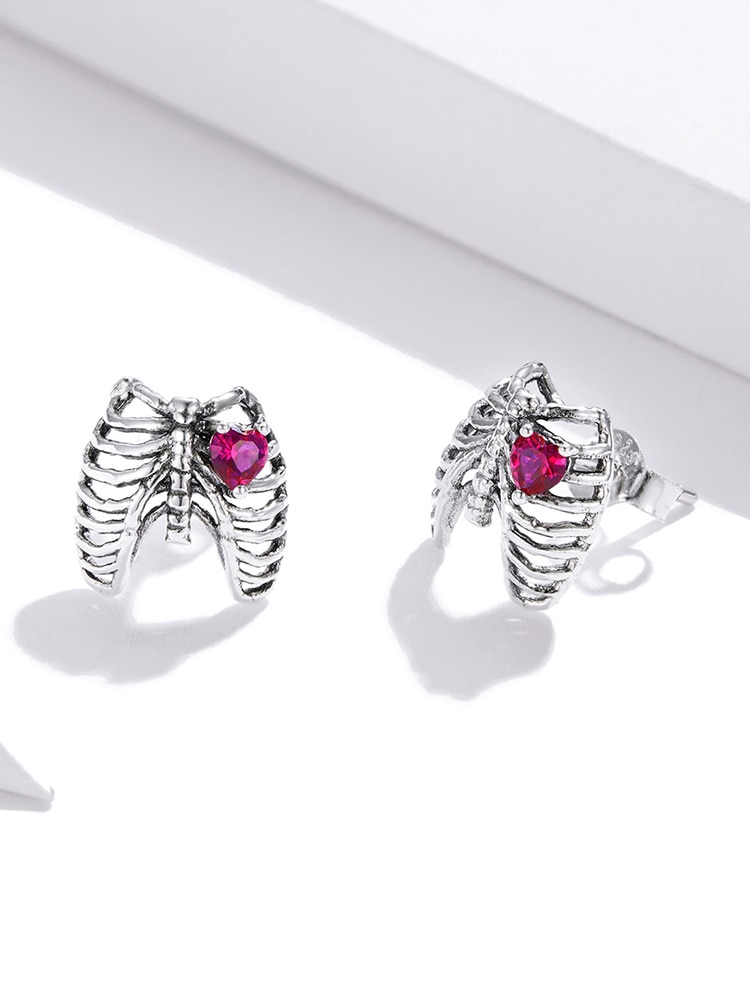 Khuyên tai bạc Bamoer SCE970 hình xương sườn đính đá trái tim phong cách Punk cho nữ