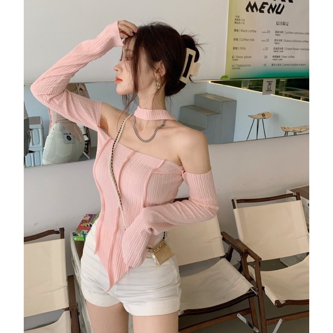 SET ÁO HỒNG GÂN TD CHOKER BẸT VAI + QUẦN SHORT TRẮNG (TH)