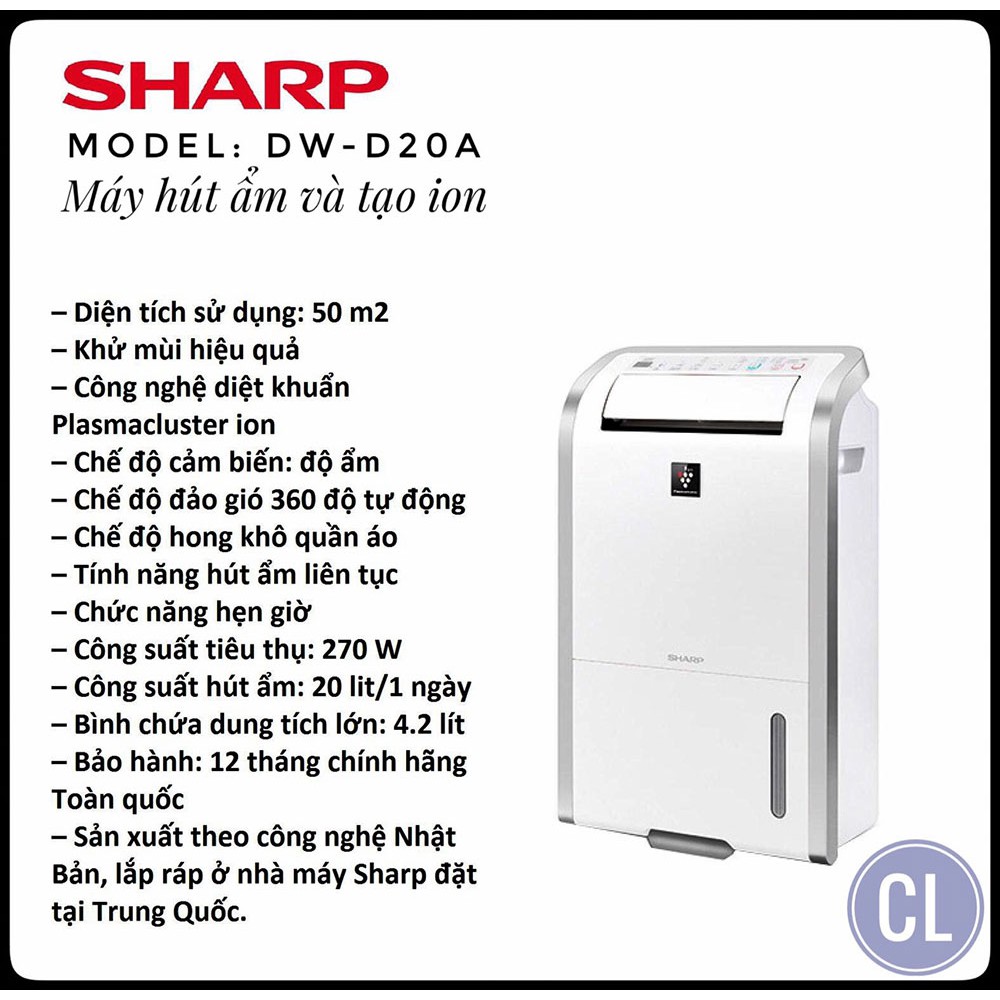 Máy lọc không khí hút ẩm Sharp DW-D20A-W (50m2) - Hàng chính hãng