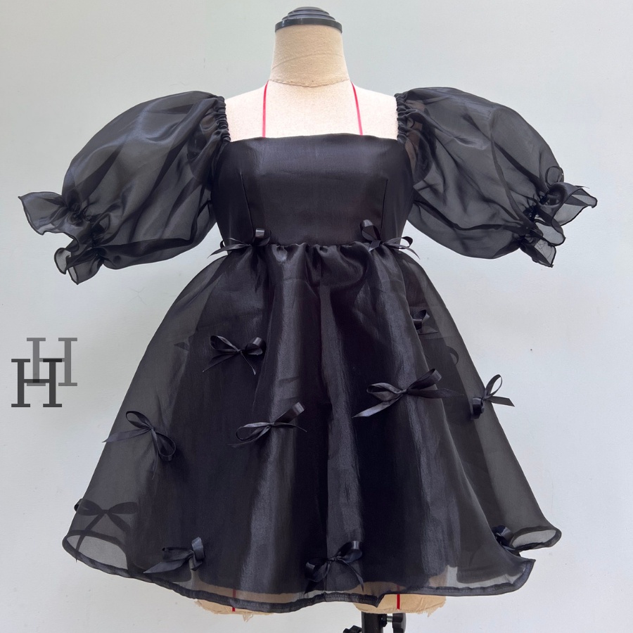 Đầm Babydoll HDT274 xòe tay phồng đính nơ màu đen  Hỉn Hỉn Store